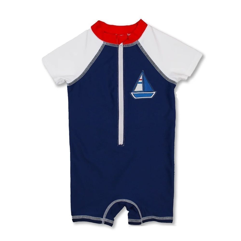 NWT* Floatimini Boys Sailboat Short Sleeve Half Zip One Piece Swim Sunsuit 12M